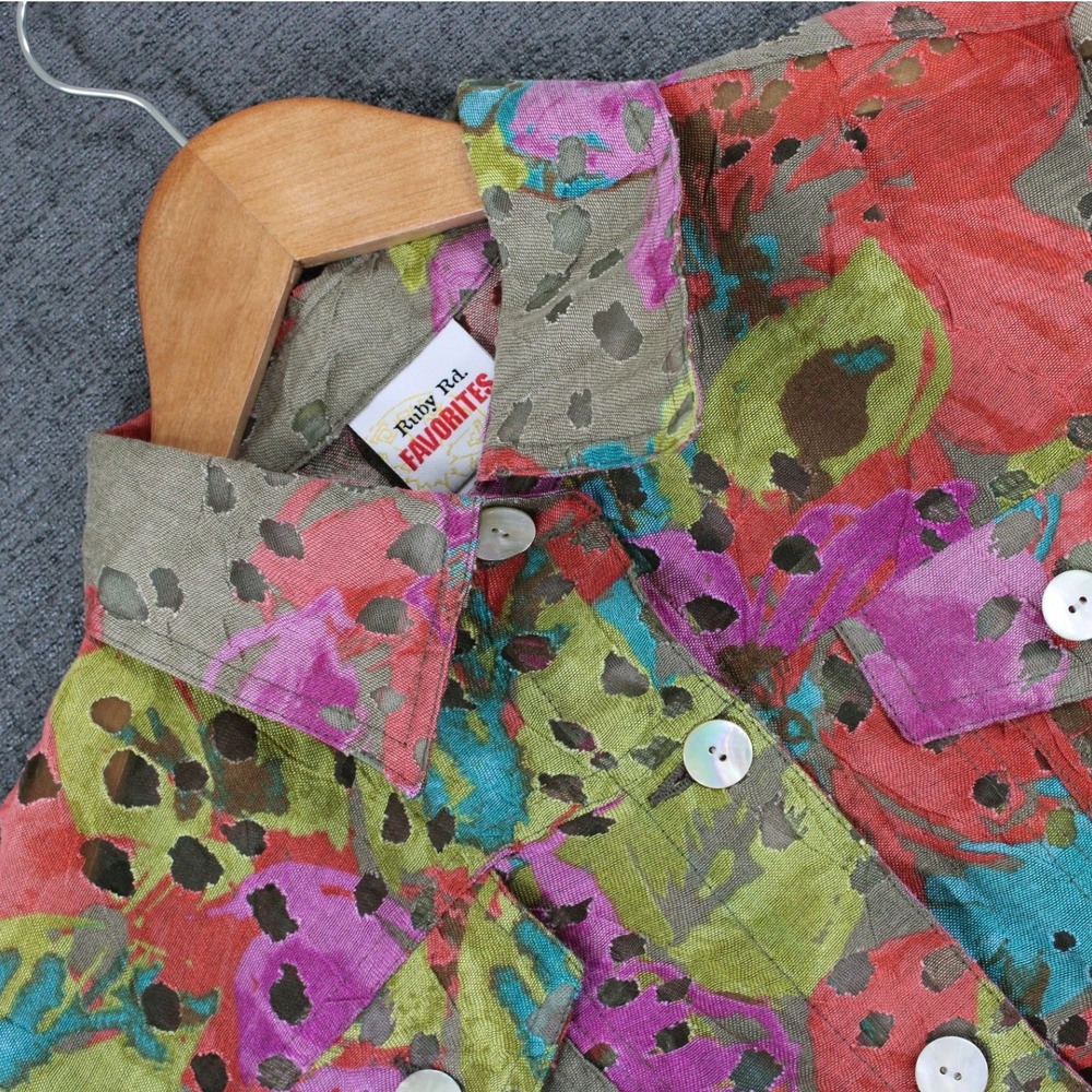 Ruby Rd Favorites Floral Burnout Jacket Multi Color Button Front Size 8